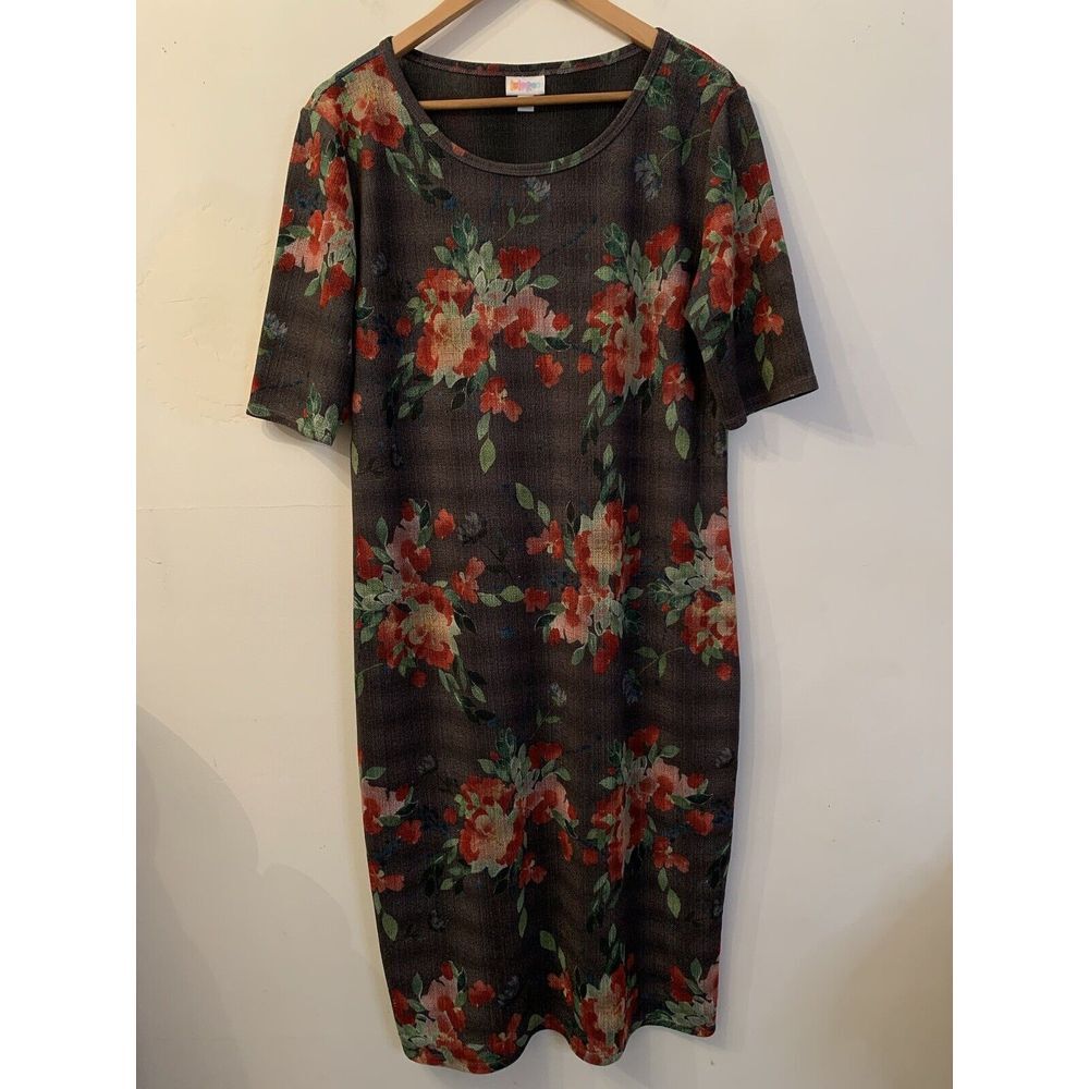 Lularoe Women's Maxi Dress Size 2XL Gray Red Floral Shimmer Performance Stretch